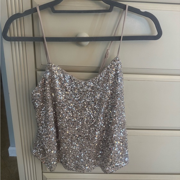 Silver Sequin Sleeveless Camisole with Spaghetti Straps - Picture 1 of 4